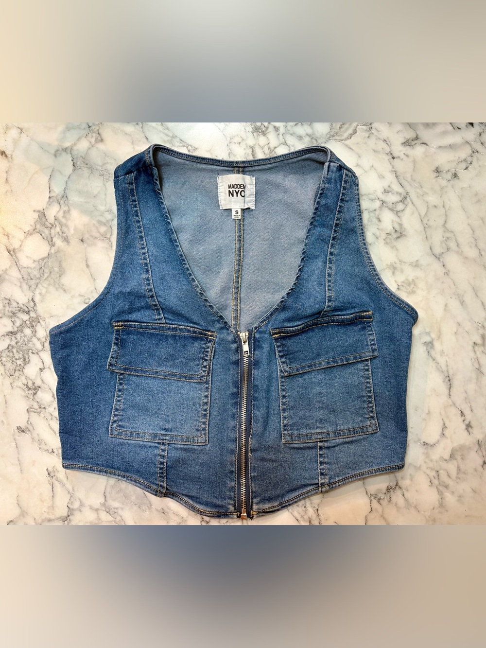 Madden NYC Denim Utility Vest — Cropped, Zip-Front — Size S